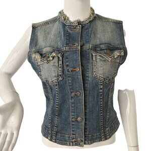 JET Jon Eshaya Denim Vest Sleeveless Med Wash Distress Collarless Womens PSmall